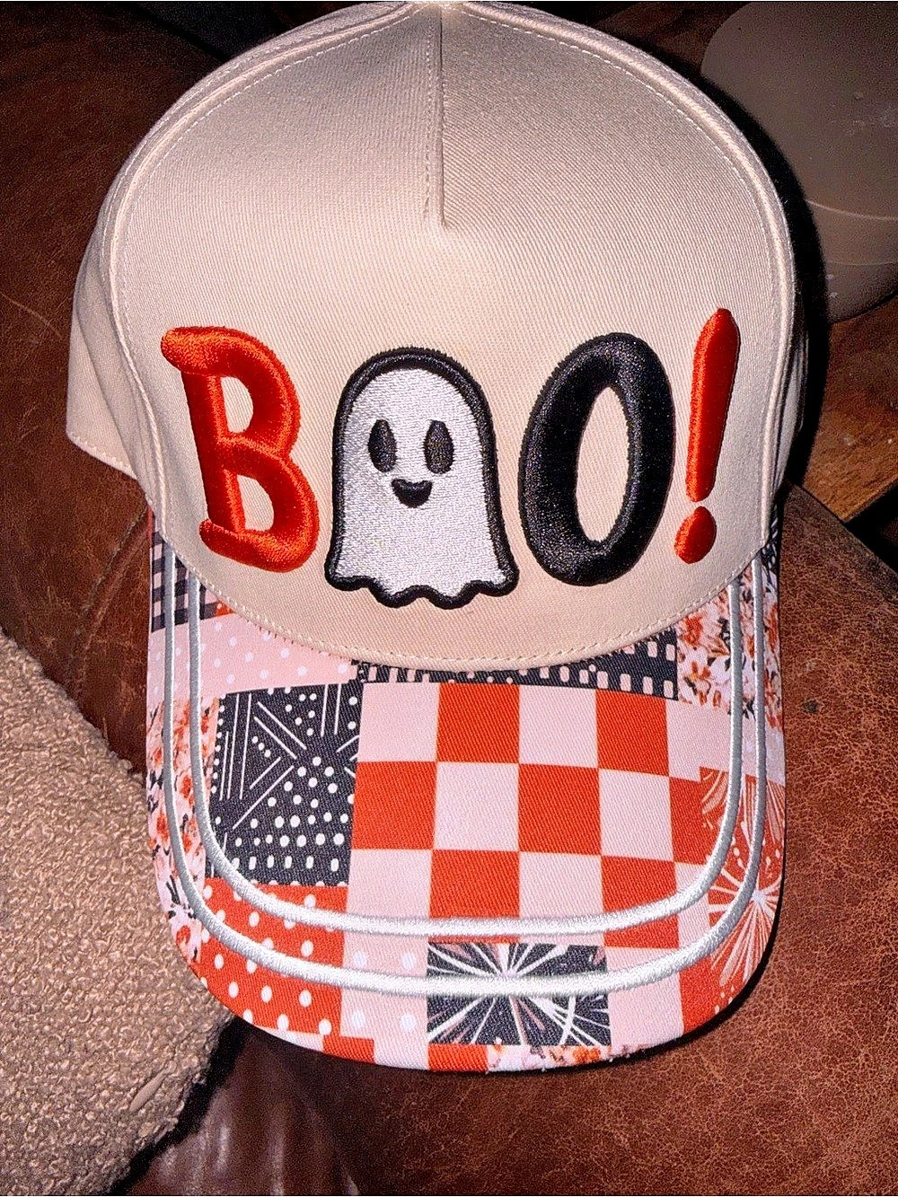 Orange black and cream BOO Ghost Patchwork Trucker Hat nwot Adorable!